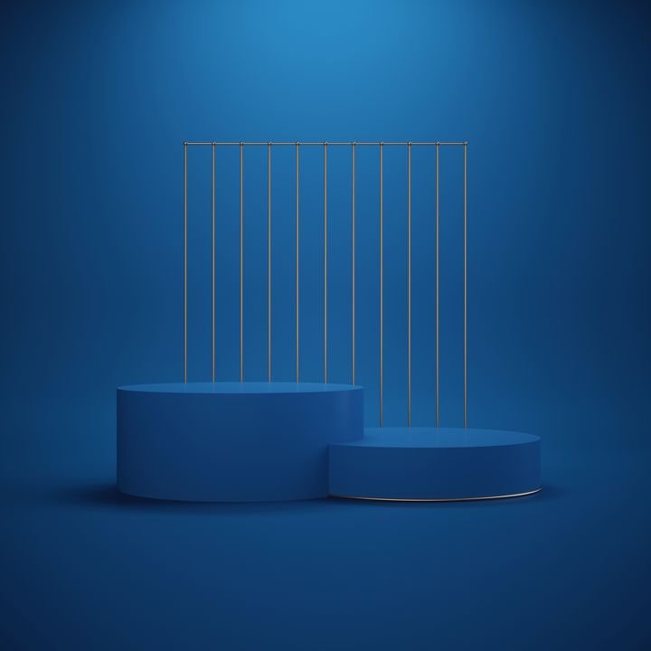 3d render. Minimal abstract background. Empty podium, vacant sports pedestal, blank mockup, cylinder steps, stage interior, showcase. Modern concept, copy space. Classic blue color of the year 2020