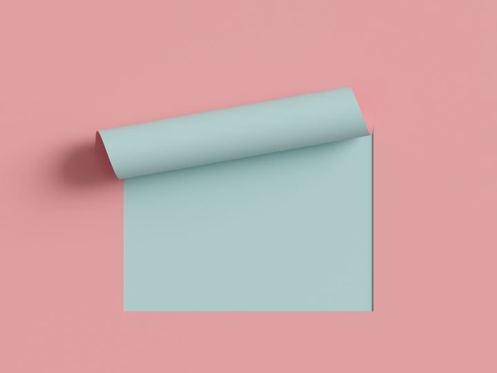 3d render, pink blue note paper, curled corner, page curl. Abstract creative background, modern mock up. Design element for advertising and promotional message.