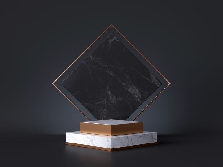 3d rendering of white pedestal steps isolated on black, rhombus marble background, memorial board, art deco geometric frame, abstract minimal concept, blank space, clean design, minimal fashion mockup