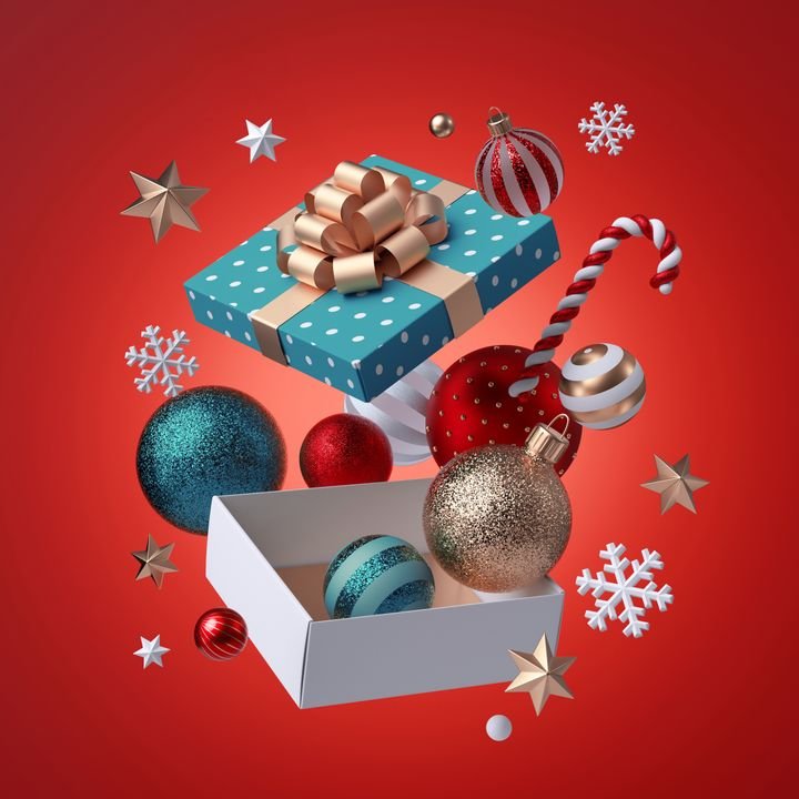3d Christmas ornaments, glass balls falling out, open white wrapped box with golden ribbon bow. Winter holiday package. Levitating objects. Seasonal decor, festive clip art isolated on red background