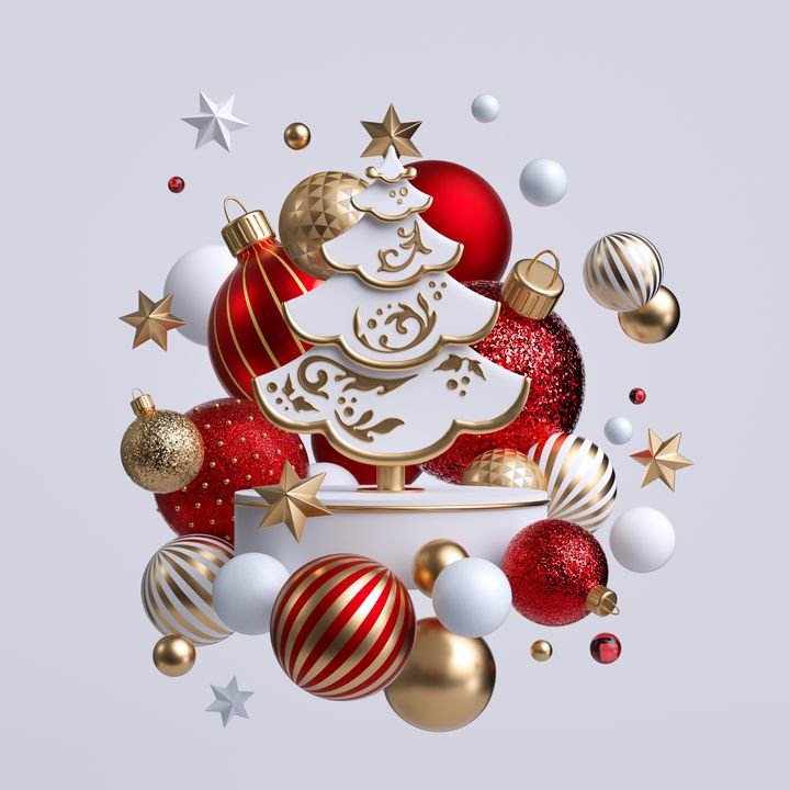 3d Christmas tree ornaments, isolated on white background. Decorative fir tree with winter holiday decor: glass balls, golden stars, candy cane, snowballs. Greeting card or poster. Levitating objects.