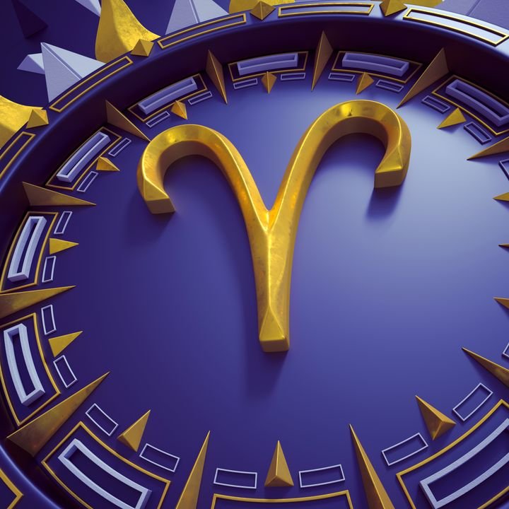 3d rendering of Aries zodiac symbol. Golden astrological sign over blue background. Horoscope icon