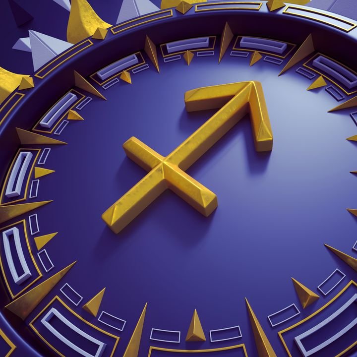 3d rendering of Sagittarius zodiac symbol. Golden astrological sign over blue background. Horoscope icon