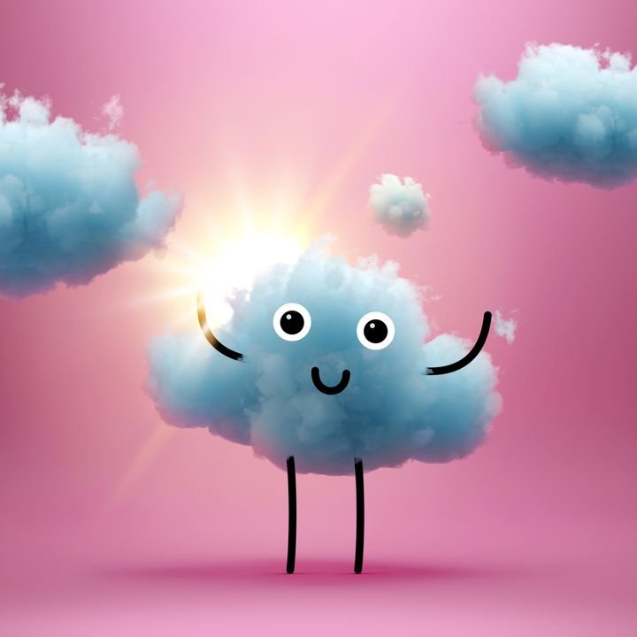 3d render, cute little happy mascot, blue cloud cartoon character isolated on pink background, sunshine, sunset. Smiling face, facial expression, excitement emotion. Kawaii illustration for kids