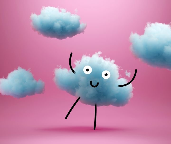 3d render, friendly cartoon character, blue cotton cloud mascot dancing, looking at camera. Cute clip art isolated on pink background. Kawaii illustration for kids