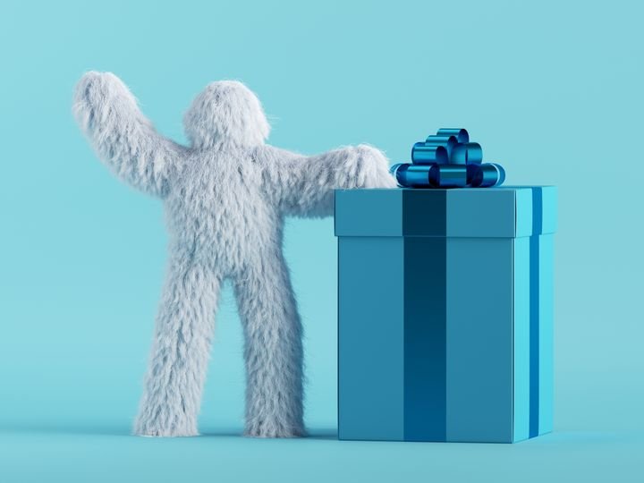3d render, white hairy yeti stands near the big gift box, bigfoot cartoon character celebrating birthday. Festive clip art isolated on mint blue background
