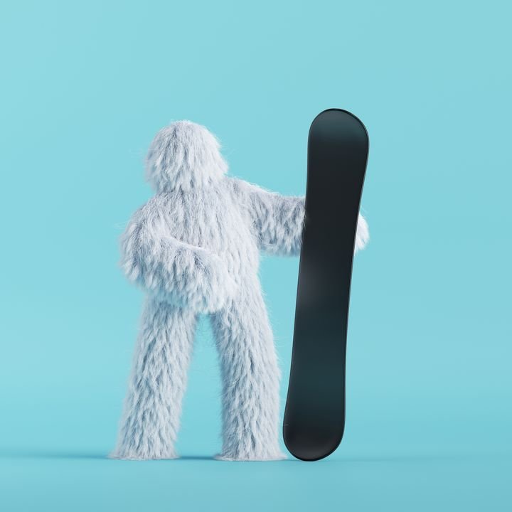 3d render, white hairy yeti stands, holds snowboard. Winter sports concept. Furry bigfoot cartoon character, scary monster isolated on mint blue background, active pose