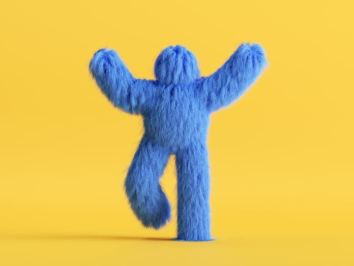 3d render, shaggy cartoon character, furry scary halloween monster, hairy beast walking. Unknown blue funny toy isolated on yellow background