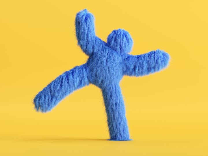 3d render, blue hairy cartoon character fluffy toy isolated on yellow background, active pose. Colorful furry beast dancing. Modern minimal concept