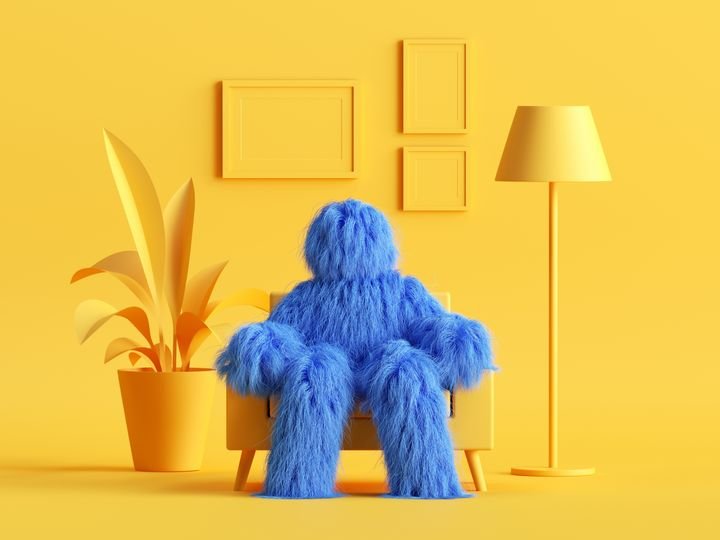 3d render, hairy yeti toy, blue cartoon character monster sits in an armchair inside modern minimal yellow living room. Abstract dollhouse interior