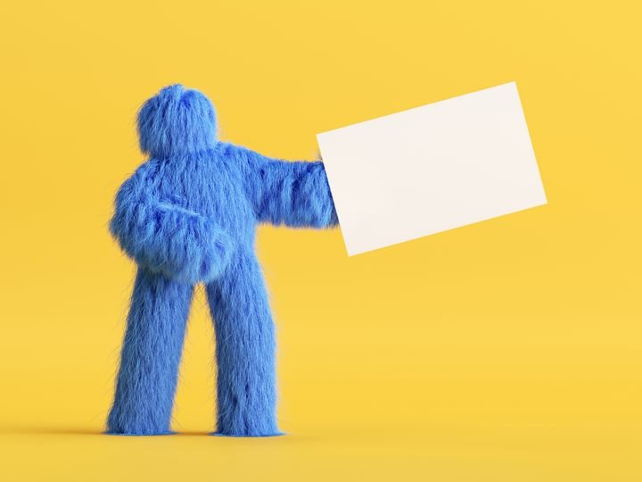 3d render, blue hairy cartoon character, funny furry toy holds white card mockup isolated on yellow background.