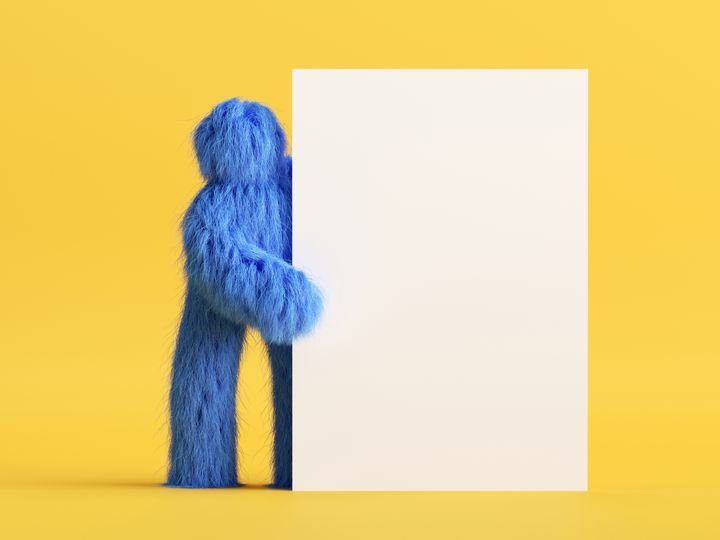 3d render, funny hairy yeti toy, blue monster hides behind the white board, look out the corner. Clip art isolated on yellow background. Abstract cartoon character stands with the blank page mockup