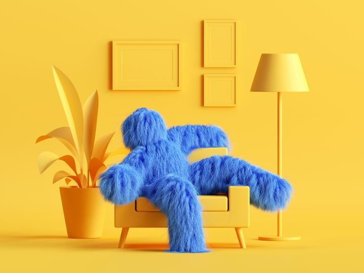 3d render, funny hairy blue monster sits in an armchair like a boss, inside the yellow living room. Abstract cartoon character