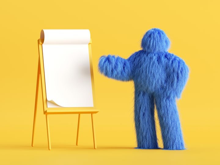 3d render. Funny hairy yeti toy, blue monster stands near the presentation easel board. Blank business mockup. Conference speaker concept. Clip art isolated on yellow background