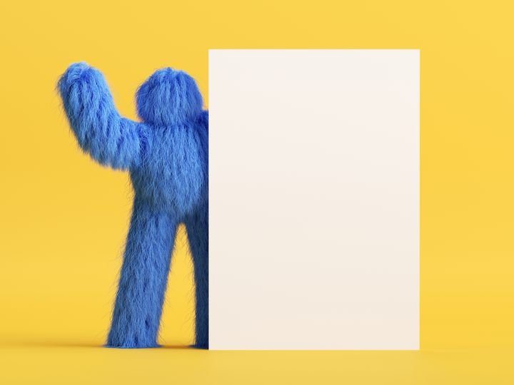 3d render, funny hairy blue monster with hand up, looks out the big white banner, isolated on yellow background. Abstract cartoon character stands with the blank page mockup