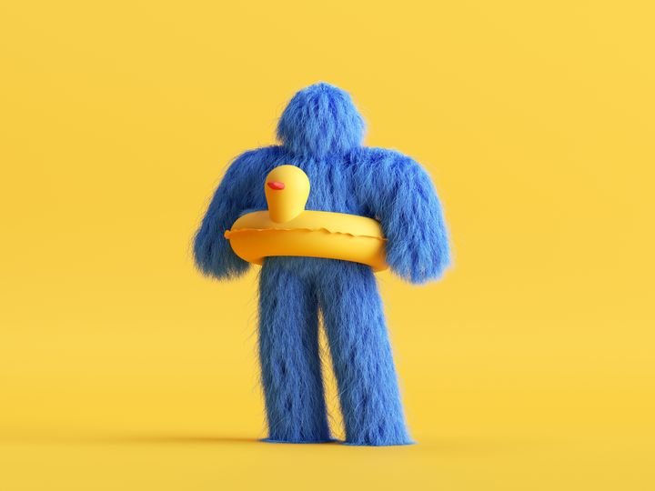 3d render, funny Yeti cartoon character wears safety lifebuoy in the shape of a duck. Funny toy, hairy blue monster clip art isolated on yellow background