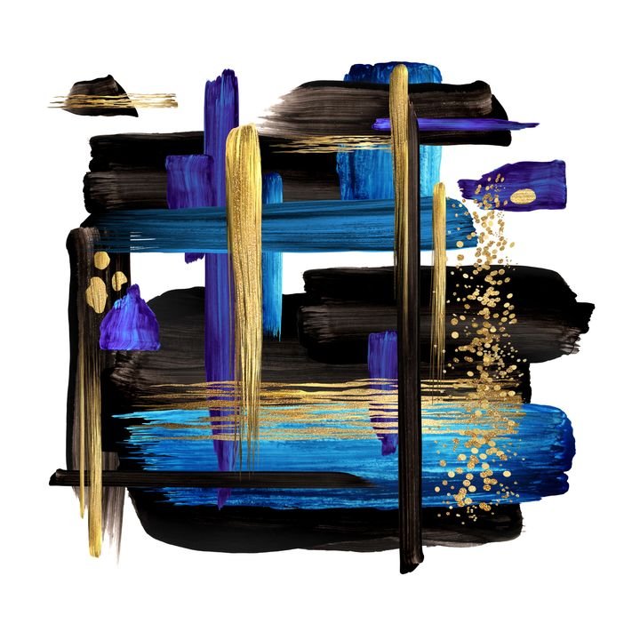 digital illustration, abstract geometric background. Modern artwork with black gold blue brush strokes. Colorful ink splatter. Paint smears with golden glitter. Artistic clip art isolated on white