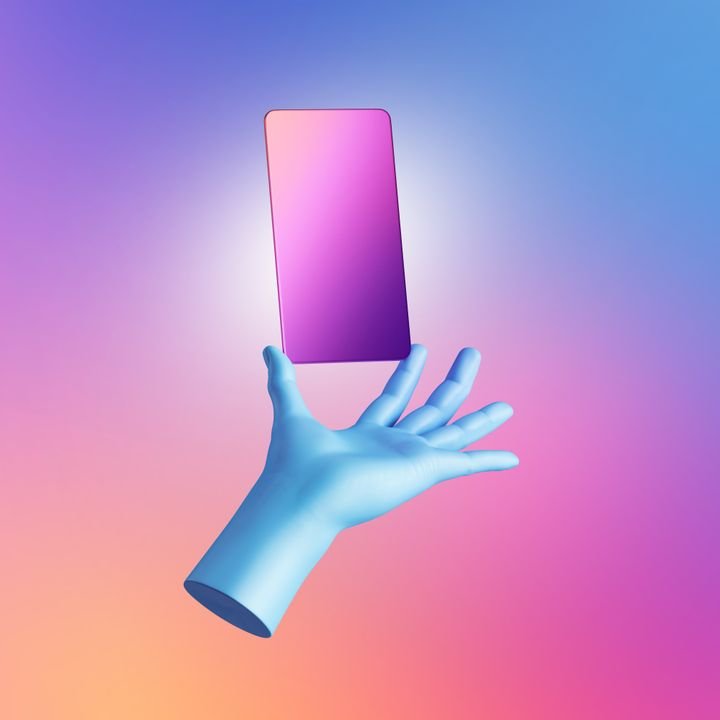 3d render, blue hand holds pink smart phone digital device in vertical position. Electronic gadget blank mockup isolated on gradient background. Virtual reality, wireless technology presentation