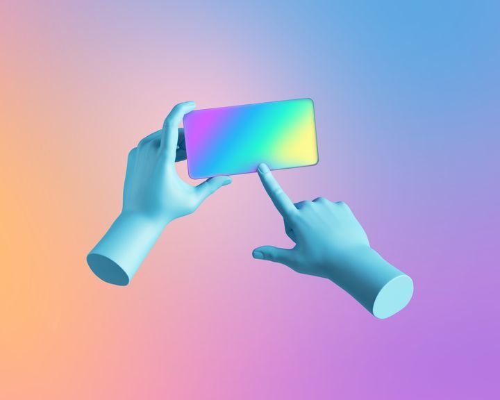3d render, blue hands hold card or colorful smart phone digital device in horizontal position. Electronic gadget blank mockup isolated on violet pink pastel background. Mobile gaming technology