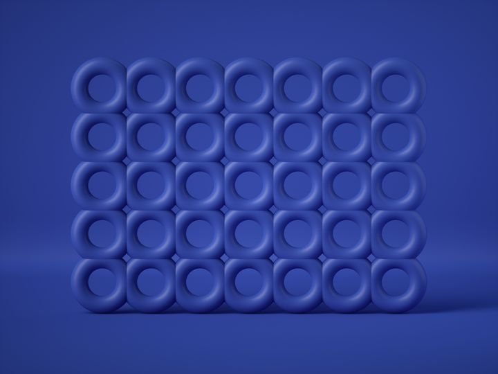 3d render, abstract geometric structure with many blue torus isolated on blue background. Matrix of primitive shapes