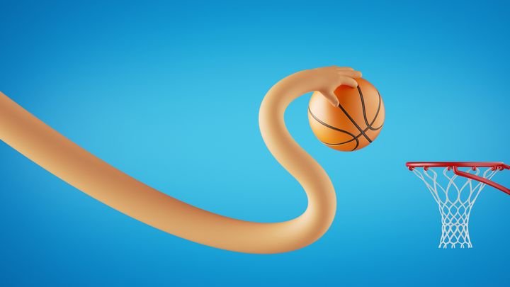 3d render, long flexible cartoon character hand holds ball. Basketball game player. Sportive clip art isolated on blue background.