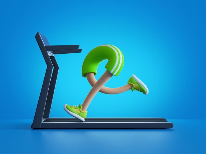 3d render, cartoon character legs run on treadmill, funny sport clip art isolated on blue background. Cardio workout illustration