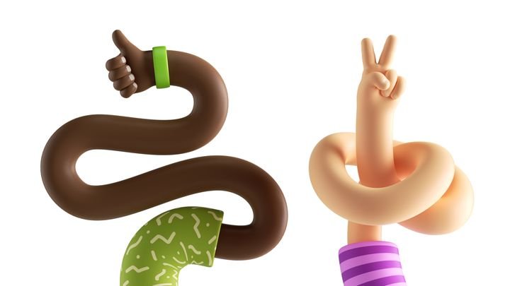 3d render abstract interracial relationship concept, cartoon boneless elastic caucasian and african hands. Thumb up, like sign, victory gesture. Surrealistic clip art isolated on white background