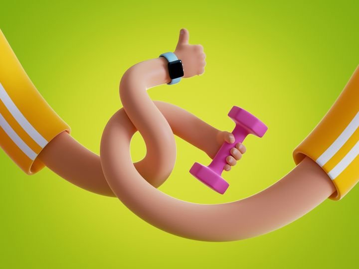 3d render elastic tangled cartoon hands hold dumbbell isolated on green background. Indoor fitness exercise routine, physical activity at home. Funny surrealistic clip art, unusual sport motivation