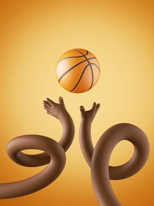 3d render, african cartoon flexible hands throw the ball, funny clumsy basketball player. Sport clip art for kids isolated on orange background