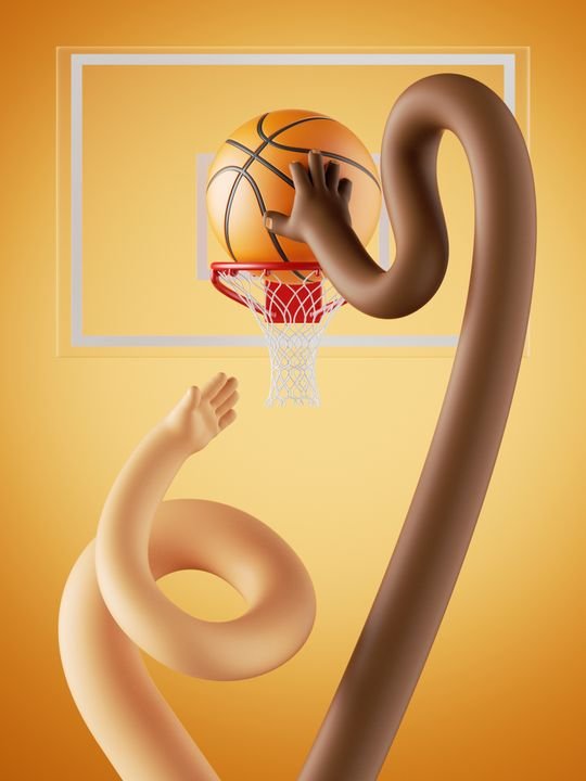 3d render, basketball successful shot. African and caucasian players, funny cartoon characters, flexible boneless hands with ball near the basket. Sport clip art for kids. Sportive poster