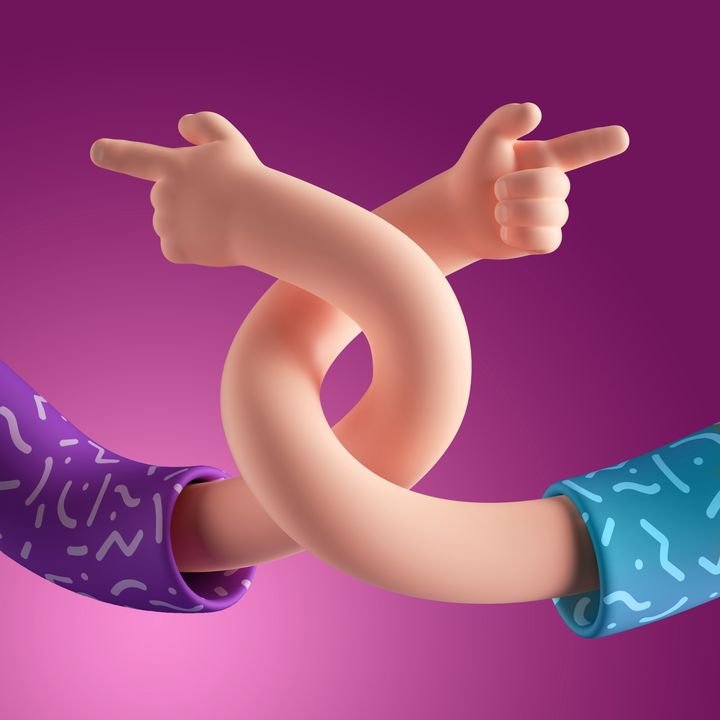3d render abstract cartoon character flexible boneless hands, funny body parts interaction, pointing finger direction gesture, relationship concept, isolated on pink background. Surrealistic clip art