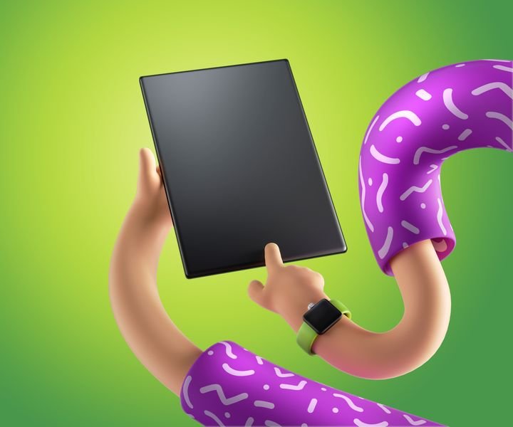 3d render abstract modern wireless technology concept, cartoon character twisted elastic hands hold digital pad, objects isolated on bright green background. Blank gadget mockup. Surrealistic clip art