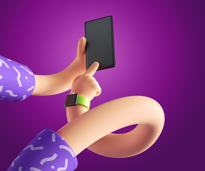 3d render, abstract modern wireless technology concept, cartoon character flexible boneless hands hold smartphone, objects isolated on purple background. Blank gadget mockup. Surrealistic clip art