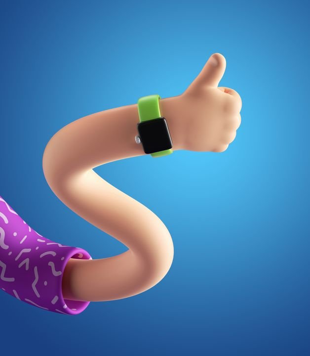 3d render, abstract cartoon character flexible wavy boneless hand, funny body part, like concept, thumb up gesture, isolated on bright blue background. Surrealistic clip art