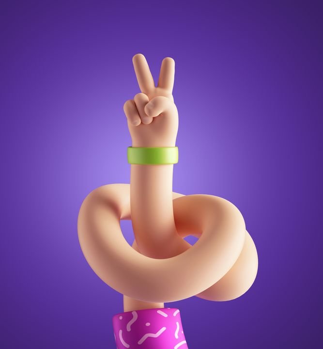 3d render, abstract cartoon character flexible boneless knotted hand, funny body part concept, victory gesture, isolated on violet background. Surrealistic clip art