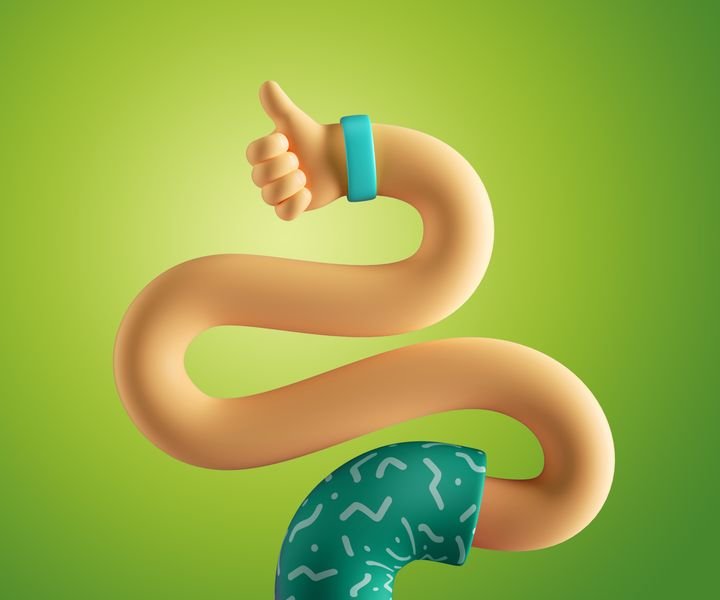 3d render, abstract cartoon character flexible boneless hand, body part, funny like concept, thumb up gesture, isolated on violet background. Surrealistic clip art