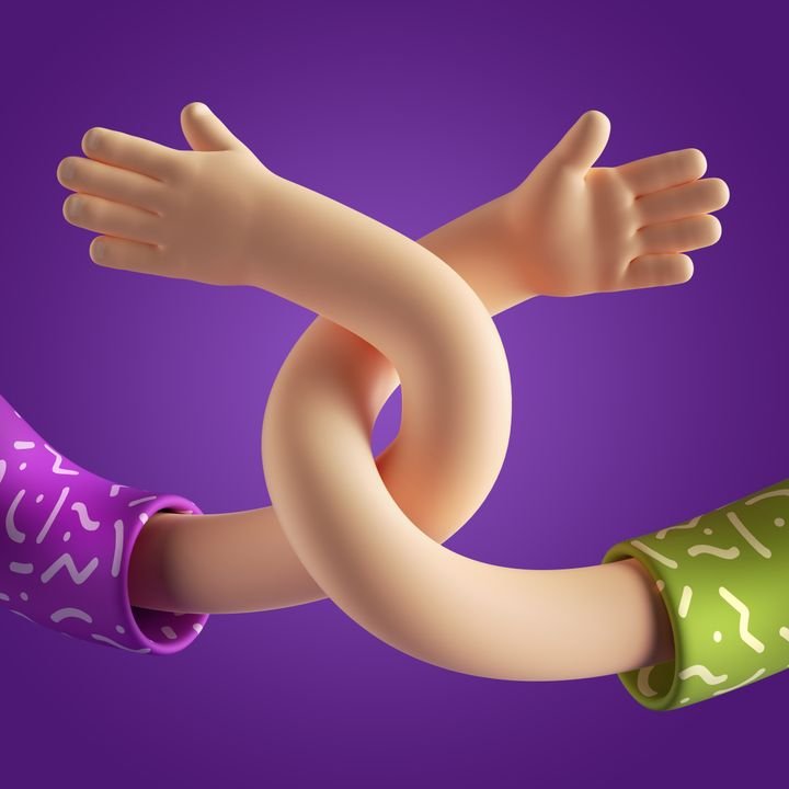 3d render abstract cartoon character flexible hands interacting, funny boneless body parts, friendly handshake, supportive relationship concept, isolated on violet background. Surrealistic clip art