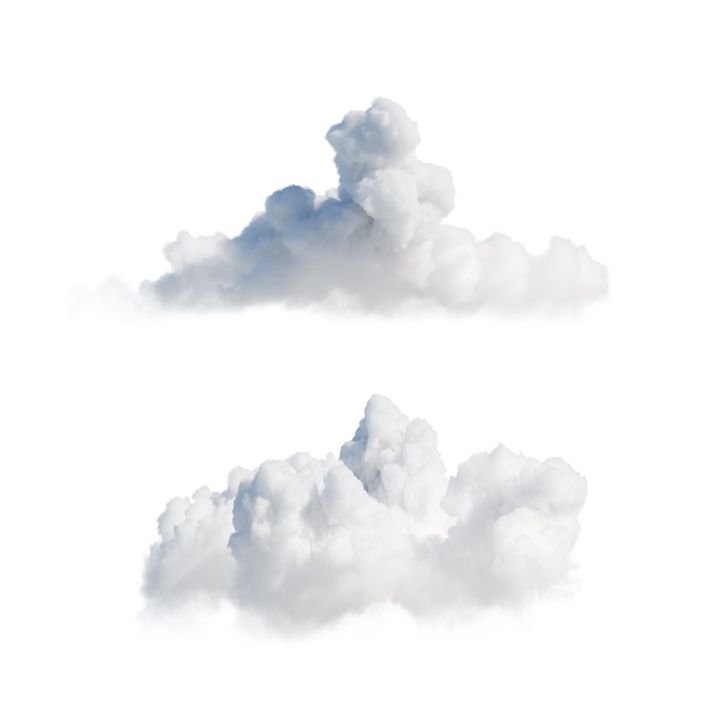 3d render. Abstract white clouds, clip art isolated on white background. Cumulus different perspective views