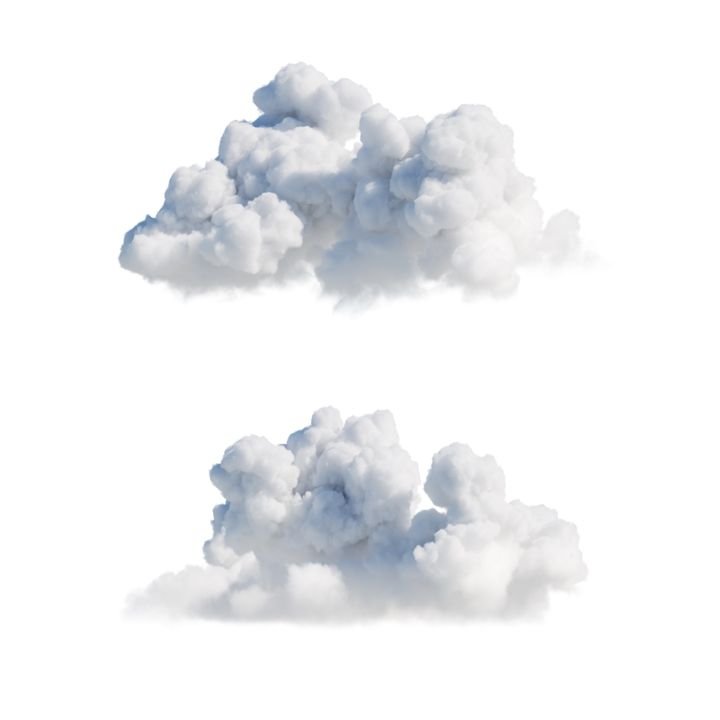 3d render. Shapes of abstract white clouds, clip art isolated on white background. Cumulus different perspective views.