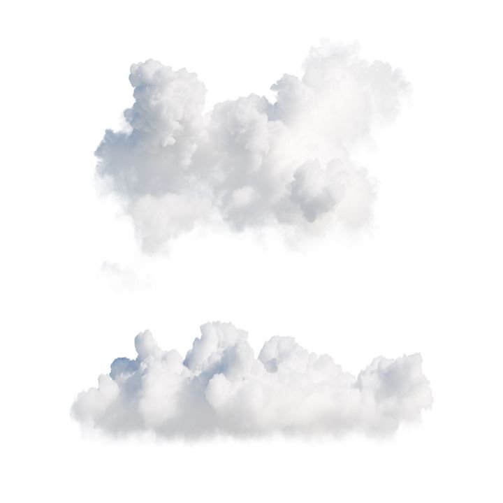 3d render. Shapes of abstract white clouds. Cumulus different perspective views, clip art isolated on white background.