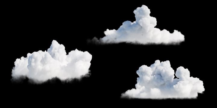 3d render. Random shapes of abstract white clouds isolated on black background. Cumulus different perspective views clip art.