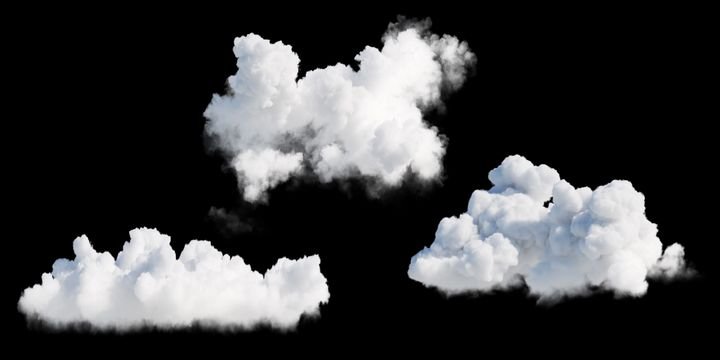3d render. Random shapes of abstract white clouds. Cumulus different perspective views, clip art isolated on black background.