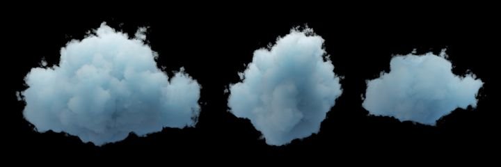 3d render. Set of random shapes of abstract clouds. Cumulus different views, clip art collection isolated on black background