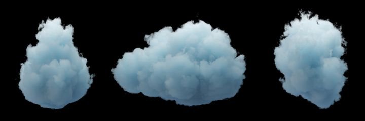 3d render. Random shapes of abstract blue clouds isolated on black background. Cumulus different views clip art collection