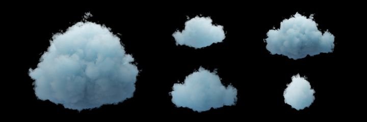 3d render. Set of random shapes of abstract clouds. Cumulus different views, clip art collection isolated on black background