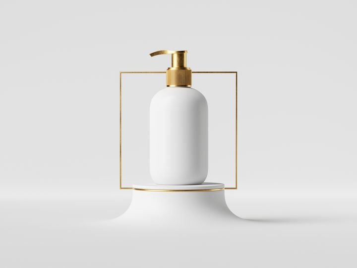 3d render, white cosmetic bottle dispenser with golden cap inside square frame, placed on pedestal isolated on white background. Beauty product blank container mockup. Minimal showcase