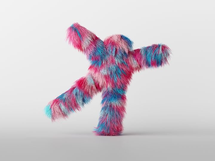 3d render, furry beast cartoon character isolated on white background, happy active pose. Colorful pink blue hairy monster dancing, standing hands up. Person wearing mascot costume