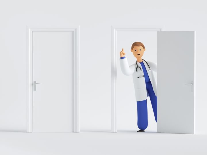 3d render, cartoon character doctor wearing uniform and stethoscope, looking out the open door in hospital, hand up pointing finger, medical concept white background