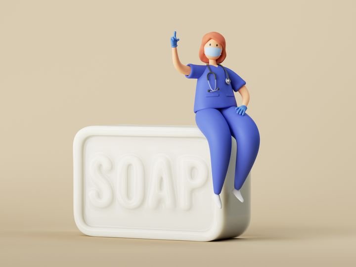 3d render, woman doctor cartoon character sitting on the big piece of soap, clip art isolated on neutral background. Hand hygiene rules reminder illustration