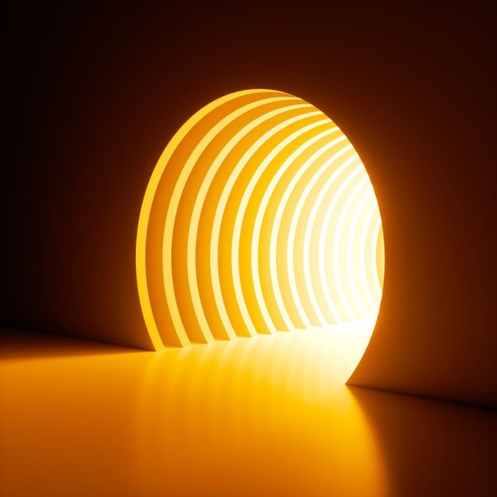 3d render, abstract background, bright yellow neon light shining out of the hole in the wall. Round window, cave, door, portal. Magical tunnel entrance. Dramatic scene. Minimal concept